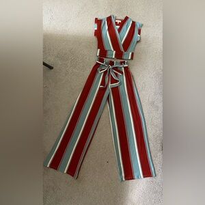 Monte’s girls blouse and pants, maroon light, blue and white striped size small